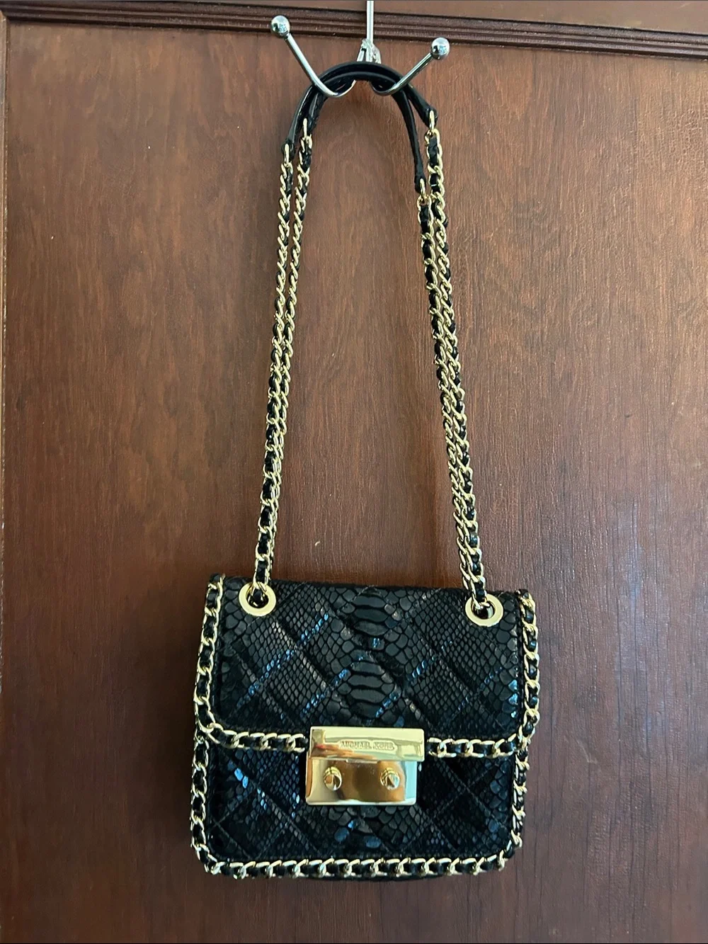 Michael Kors Black Snake-Embossed Mini Chain Shoulder Bag with Gold Hardware